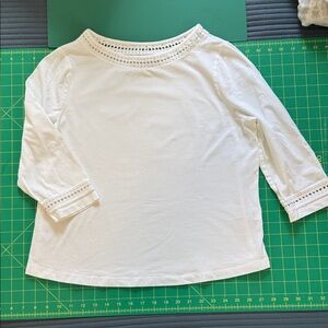 Appleseed's White 3/4 Sleeve Top with Crochet Detail at neck and sleeve, PM